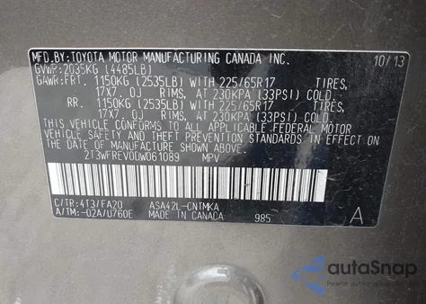 2013 Toyota Rav4 Xle from USA, damaged, VIN 2T3WFREV0DW061089